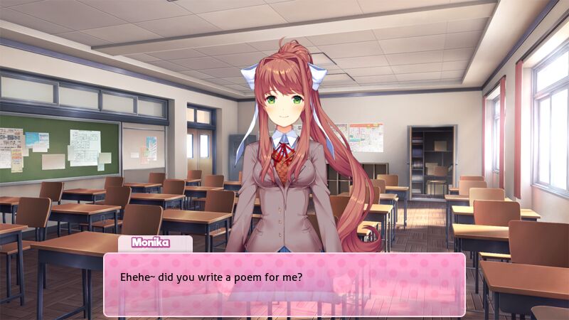 DDLC text box of Monika saying "Ehehe~ did you write a poem for me?", made with the Doki Doki Dialog Generator