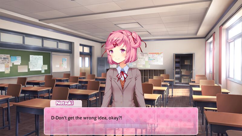 DDLC text box of Natsuki saying "D-Don't get the wrong idea, okay?!", made with the Doki Doki Dialog Generator