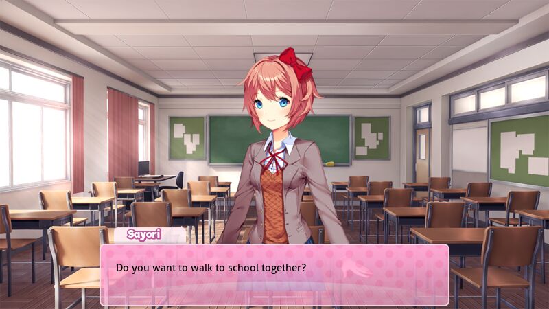 DDLC text box of Sayori saying "Do you want to walk to school together?", made with the Doki Doki Dialog Generator