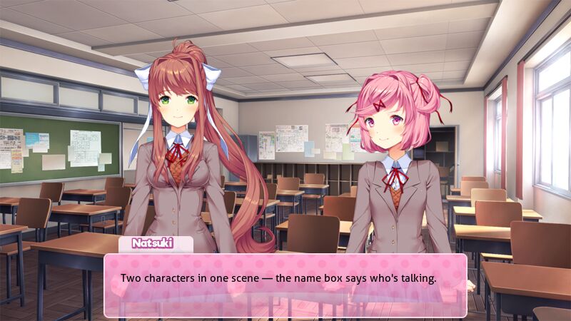 DDLC dialogue scene with Monika and Natsuki side by side in the clubroom, the name box showing Natsuki is speaking