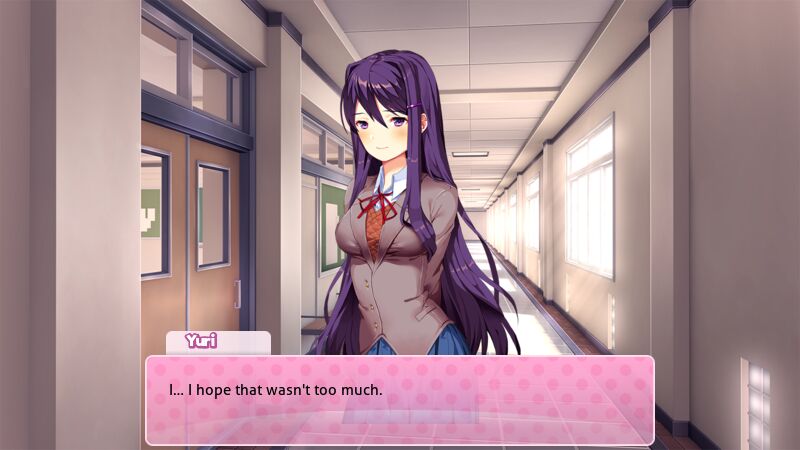 Finished DDLC text box of Yuri saying "I… I hope that wasn't too much." — the result of the four steps below